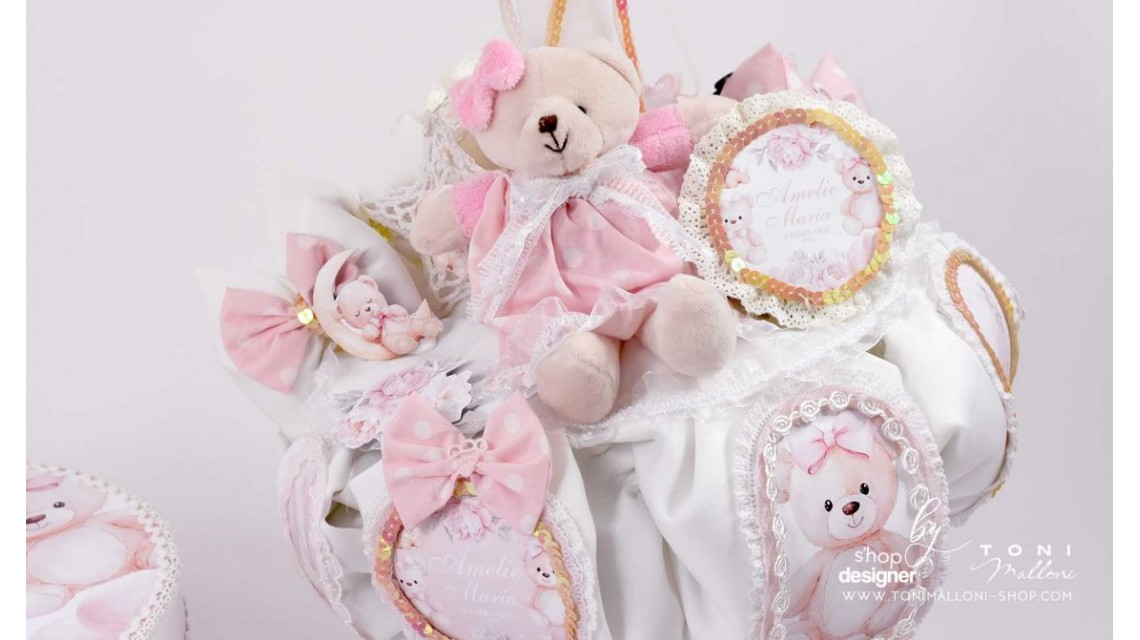 Lumanare de botez roz pal cu ursuleti de plus Teddy Bear Pink 2024 9